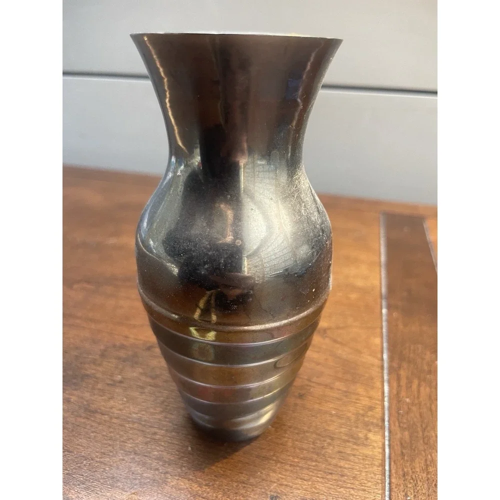 Vintage Striped Solid Brass Mid Century Vase Jar Modern -5.5